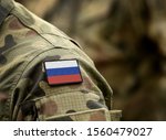 Flag of Russia on military uniform. Army, soldiers. Collage.