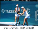 Small photo of Fountain Valley, CA USA August 6 2023 Carvana PPA Tour The Takeya Showcase Presented by Best Day Brewing Callie Jo Smith and Lucy Kovalova in finals play against Waters Bright.The team took silver