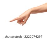 Small photo of Female hand points a finger isolated on white background.