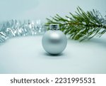 Small photo of Christmas ball, tinsel and Christmas tree branch. Silver Christmas ball, tinsel and Christmas tree branch on a white background.