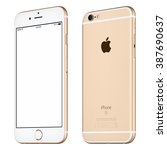 Small photo of Varna, Bulgaria - October 24, 2015: Front view of Gold Apple iPhone 6S mockup slightly clockwise rotated with white screen and back side of the Apple smartphone with logo. Isolated on white.