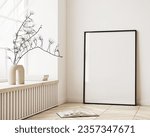 Small photo of Single vertical ISO A0 frame mockup, reflective glass, mockup poster on the wall of living room. Interior mockup. Apartment background. Modern Japandi interior design. 3D render