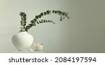 Small photo of Eucalyptus lef branch in white bowl and burning candle on gray interior. Selective soft focus. Minimalist still life. Light and shadow nature horizontal long background.