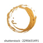 Small photo of Gold bronze glitter brushstroke painting circle blot smear. Abstract glow shine stain on white background.