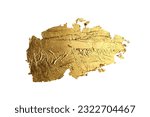 Small photo of Gold bronze glitter paper piece brushstroke painting blot smear. Abstract glow shine stain on white background.