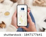Modern courier delivery at home, shopogolic and online shopping. Hands of lady holding smartphone with mobile app and map to track the order on digital screen on blurred background, collage, cropped