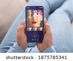Augmented Reality Beauty App. Woman Trying Different Lipstick Color Online On Smartphone, Using Modern Application With AR Makeup Simulation, Creative Collage