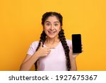 Amazing Useful App. Portrait of excited surprised young indian woman holding smartphone with black blank screen in hand, pointing at device, showing gadget with empty free space for mock up template