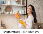 Small photo of Portrait of woman wearing protective rubber gloves cleaning shelves in modern kitchen interior, wiping dust, holding spray bottle and using microfiber cloth