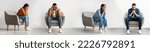 Small photo of Depression Concept. Set Of Sad Pensive Multiethnic People Sitting In Armchair At Home, Different Men And Women Feeling Stressed And Upset, Suffering Life Problems Or Mental Health Issues, Collage