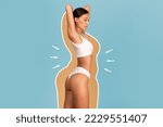 Small photo of Weightloss Concept. Fit Lady In Underwear With Drawn Silhouette Around Her Body Posing Over Blue Background, Young Female With Sporty Figure Enjoying Slimming Result, Collage, Copy Space