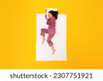 Small photo of Dreamy Nights. Peaceful Lady In Pajamas Sleepwear Drifting in Sleep Lying On Blanket Hugging Pillow On Yellow Studio Background, Above View Shot. Restful Beauty Sleep Concept