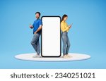 Small photo of Shopping mobile app, black friday offer, season sale. Happy european man and woman standing on platform by big phone with white blank screen, using smartphone and showing thumb up, blue background