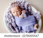 Small photo of Newborn baby girl swaddled in purple fabric lying in basin and looking back. Adorable infant child kid studio portrait