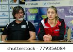 Small photo of ODESSA, UKRAINE - September 12, 2017: 2018 press conference. The volleyball cup of the CEV. Khimik Yuzhniy (Ukraine) and Cesar VFM Frances-Montanes (Switzerland). Aude Buchwalder - Captain Zesar