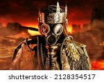 Small photo of Photo of post apocalyptic warrior with armored outfit jacket and scrap crown standing in soviet gas mask on destroyed burning city background.