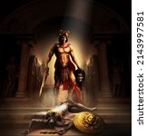 3d render artwork illustration of greek mythological warrior Perseus defeating monster goddess Medusa Gorgon in ancient greek temple with sword and golden shield.