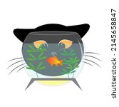 A Black Cat Looks At A Goldfish ...