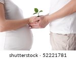 Small photo of Happy pregnant family with green defenceless sprout on a white background. Concept of birth.