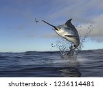 Beatiful marlin swordfish jumping out of water to catch flying fish 3d Render