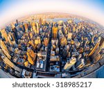 Fisheye aerial view of midtown New York City at sunset