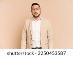 Small photo of Adult latin business man cut out isolated sad, serious face, feeling miserable and displeased.