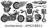 Set Of Monochrome Motorcycle...