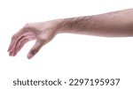 Small photo of Close up male hand holding something like a bottle or can isolated on white background with clipping path.