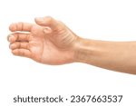 Close up male hand holding something like a bottle or can isolated on white background with clipping path.