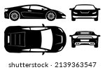 Racing sports car silhouette on white background. Vehicle icons set view from side, front, back, and top