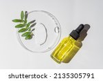 Small photo of Glass petri dish with face cream smear and bottle dropper of retinol or vit C serum, essential oil with herbal extract. cosmetic products and green plants. Dermatology science cosmetic laboratory.