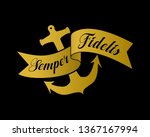 Semper Fidelis gold crest with banner and anchor, isolated on a black background. Latin motto of the US Marines which translates to Always Faithful. Marine and maritime-related icon and symbol.