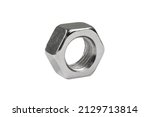 Small photo of Macro shot metal nut isolated on white background. Chromed screw nut isolated. Steel nut isolated. Nuts and bolts. Tools for work.