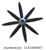 Small photo of Front view of freight plane black propeller screw with silver cover cap. Old worn airplane air screw of engine part for designers. Heavy aircraft plane screw propeller. Eight blades plane airscrew