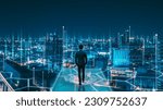 Small photo of Business technology concept, Professional business man walking on future Pattaya city background and futuristic interface graphic at night, Cyberpunk color style