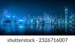 Small photo of Smart network and Connection technology concept, Hong Kong digital city background at night in victoria harbour, Cyberpunk color style, Panorama view