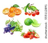 set of watercolor fruits orange ... | Shutterstock . vector #555112891