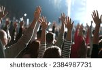 Small photo of Many joy people raise hands up into sky. Fun live music concert. Sectarians crowd pray god. Lot sect fans follow faith. Holy worship concept. Epic rite open air. Big group lift arms. Huge ritual cults