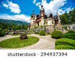 Beautiful Peles castle and ornamental garden in Sinaia landmark of Carpathian mountains in Europe