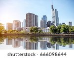 View on the financial district with Main river in Frankfurt city, Germany