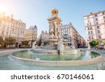 Morning view on Jacobins square and beautiful fountain in Lyon city, France