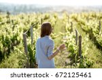 Young woman with wine glass standing on the beautiful vineyard during the sunset