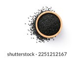 Black sesame seeds in wooden bowl with floor isolated on white background , top view , flat lay.