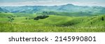 Rural landscape. Picturesque hills and valley, panoramic mountain view. Summer blooming meadow.