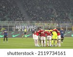 Small photo of Italy, Milan, feb 5 2022: ac Milan starting line up in center field incite each other before kick-off during football match FC INTER vs AC MILAN, Serie A 2021-2022 day24 San Siro stadium