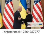 Small photo of Kyiv, Ukraine February 20, 2023 U.S. President Joe Biden and Ukraine's President Volodymyr Zelenskiy attend a joint news briefing, amid Russia's attack on Ukraine. Kyiv, Ukraine February 20, 2023