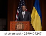 Small photo of Washington DC, USA, Dec 06 2023. USA – Ukraine Defense Industrial Base Conference. U.S. Secretary of Defense Lloyd Austin during his speech.