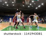 Small photo of KYIV, UKRAINE - JULY 1, 2018: Viacheslav Kravtsov and Igor Zaytsev taking position to get the rebound of the board. FIBA World Cup 2019 European Qualifiers match Ukraine-Latvia