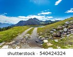 A beautiful summer landscape in the Alps with the mountain road. Fabulous meadow, mountain stream and lake, pine trees, large rocks and amazing clouds flying over on bright blue sky. Austria, Europe.