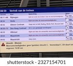 Small photo of Utrecht, Holland, 05.07.23. NS public transport train systems grind to a halt as Storm Poly hits North Holland causing disruption in the station as commuters attempt to make alternative plans